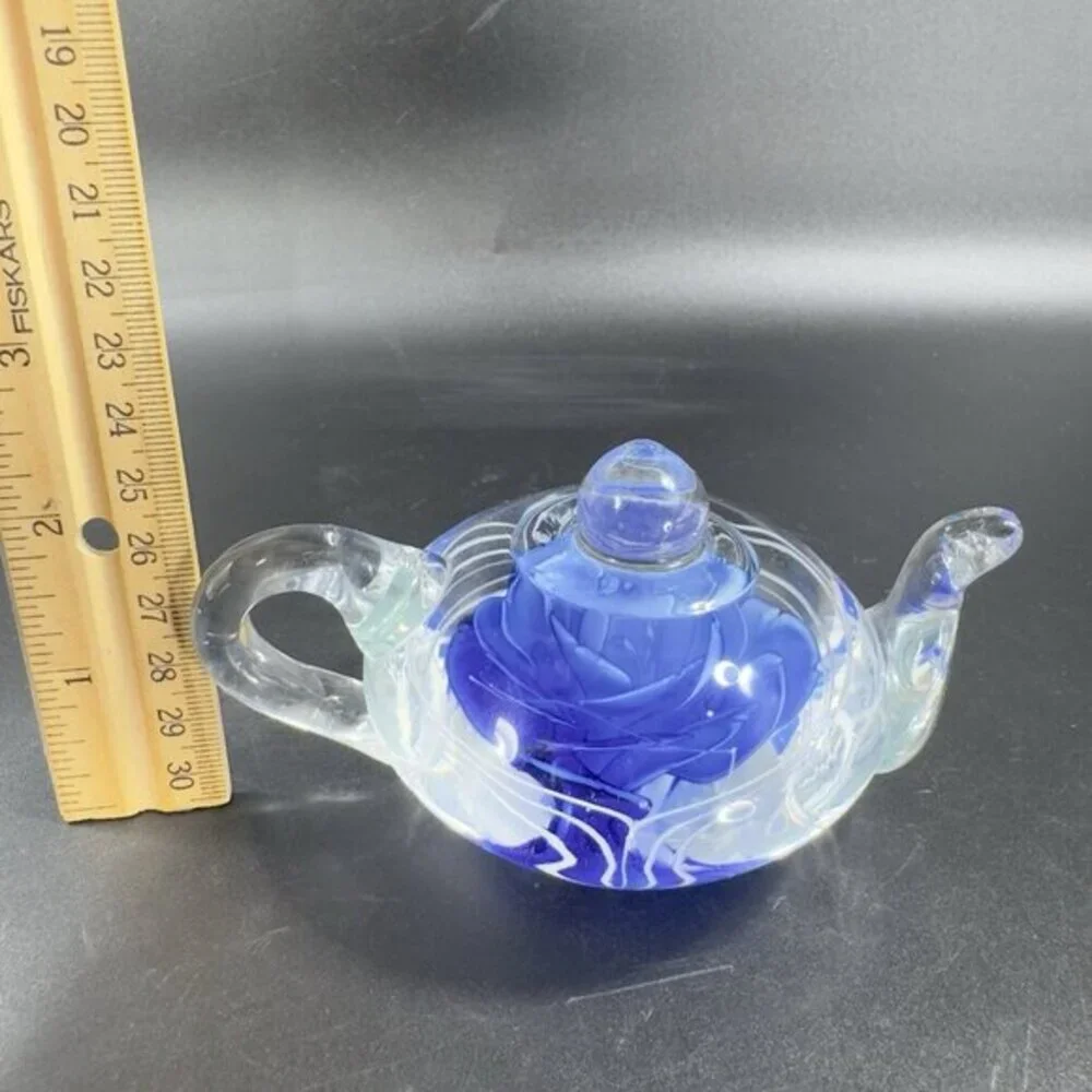 Dynasty Gallery Glass Teapot Carafe Jug Blue With White‎ Swirls Paperweight VTG